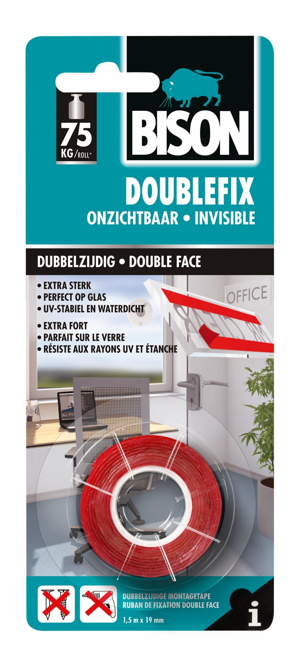 Bison doublefix onzichtbaar 19 mm x 1,5 m bl