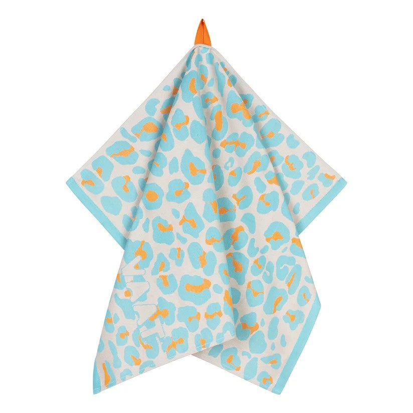Theedoek en keukenhanddoek - Gift set I love leopard - Turquoise/oranje