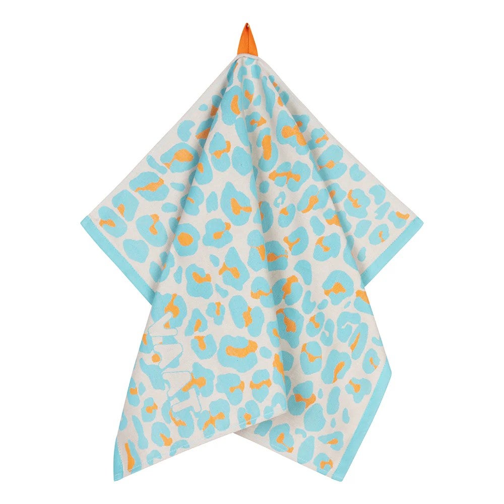 Theedoek - I love leopard 50x70cm - Tiffany turquoise/Hermes oranje