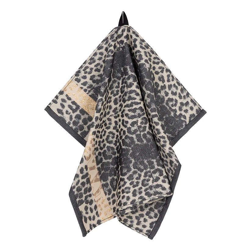 Theedoek - I love leopard 50x70cm - Black/Sand