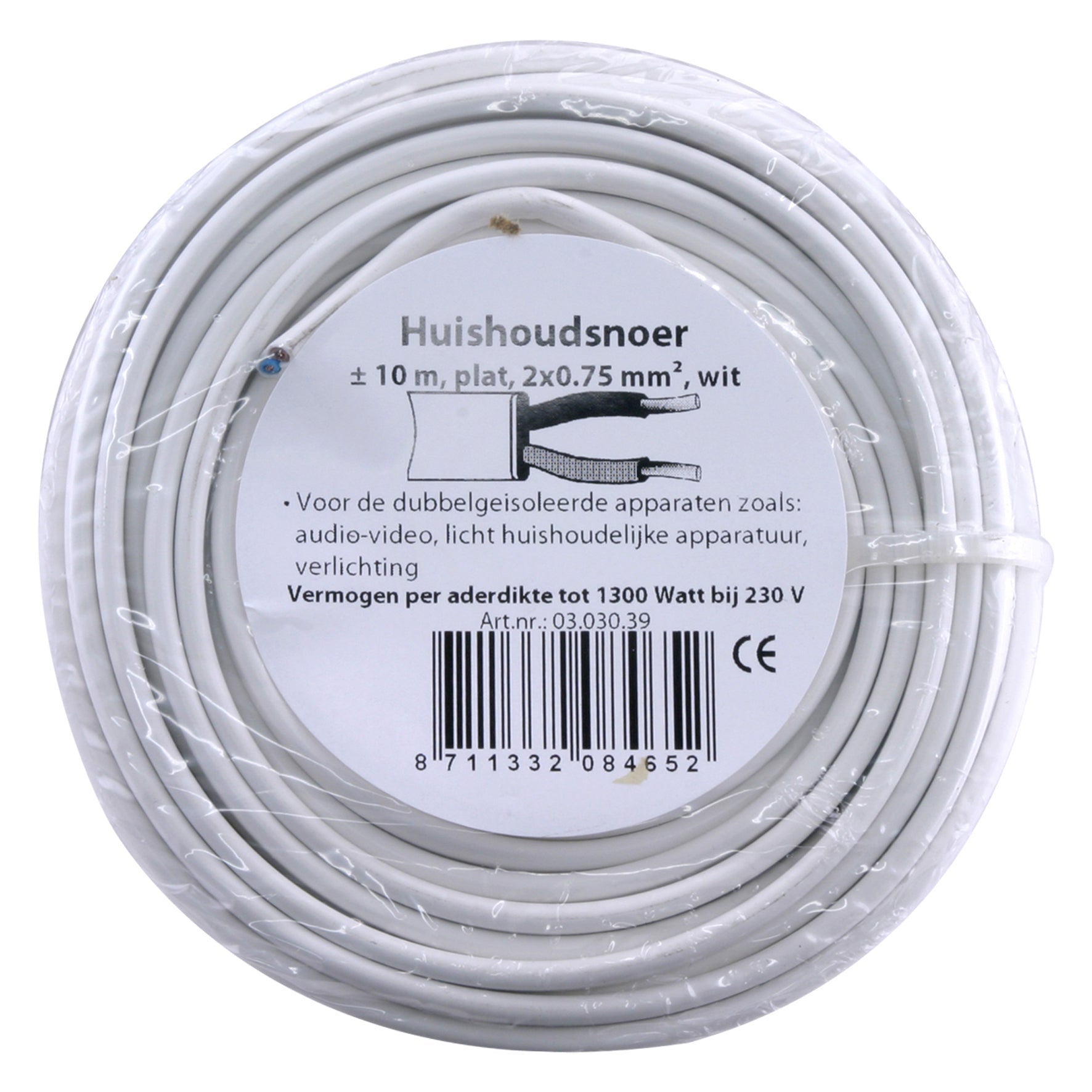 Huishoudsnoer plat 2x0.75 wit 10m