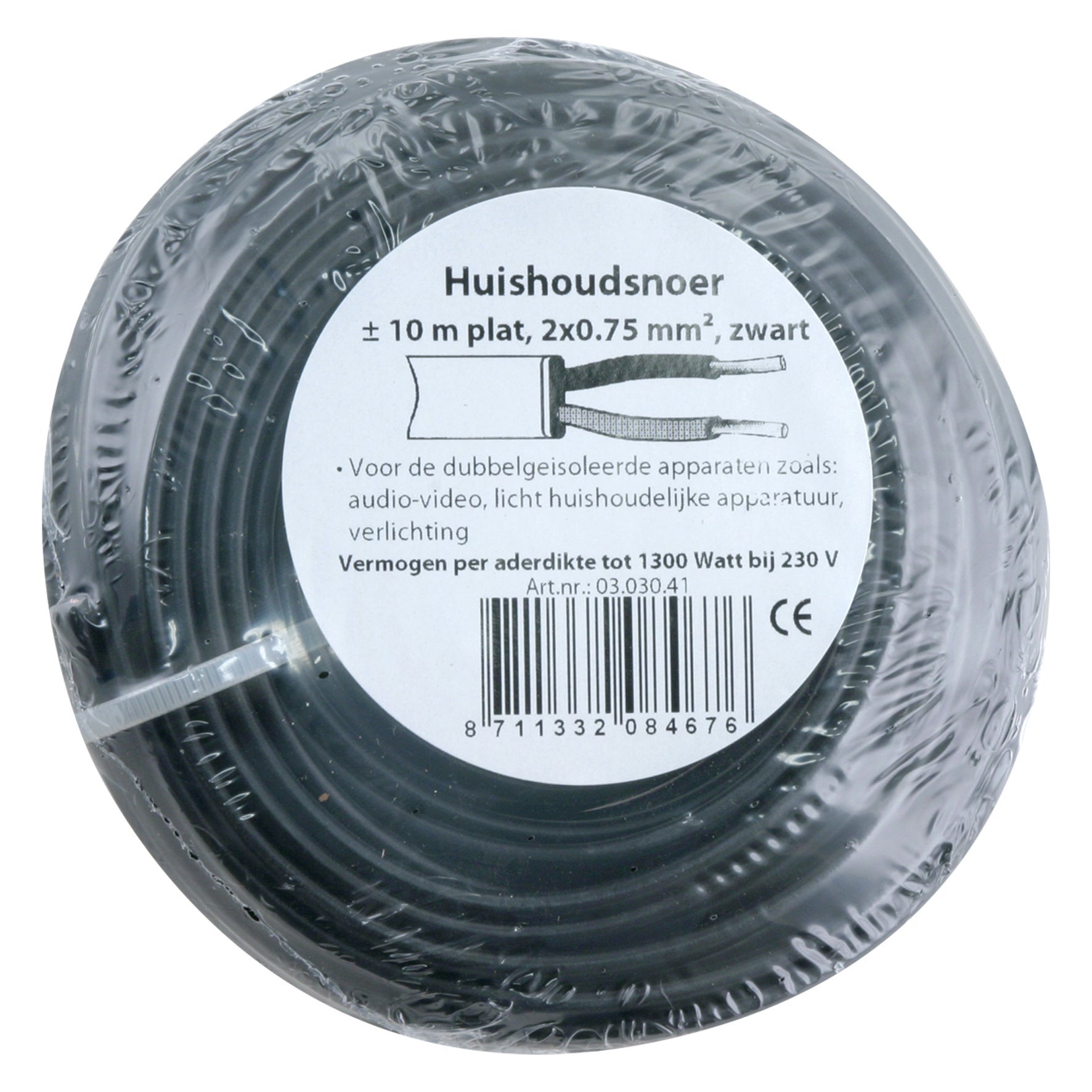 Huishoudsnoer plat 2x0.75 zwart 10m