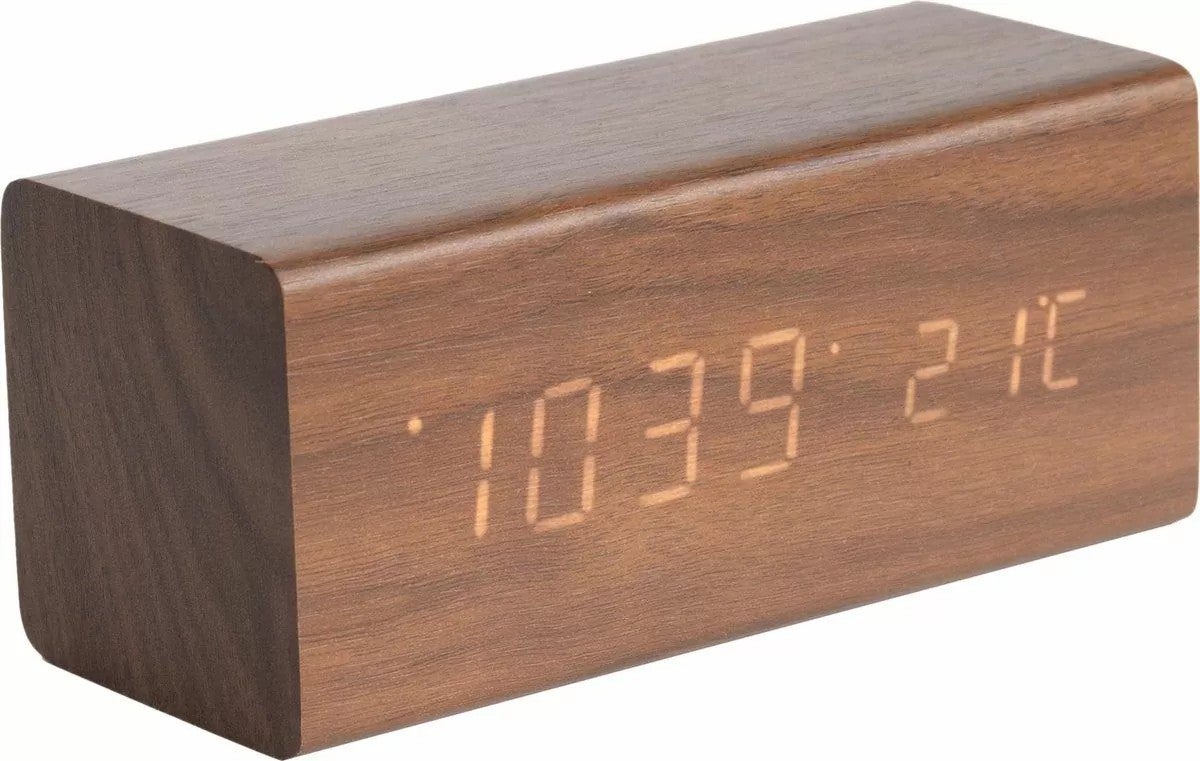 Wekker - Block donker hout fineer en wit LED - Bruin