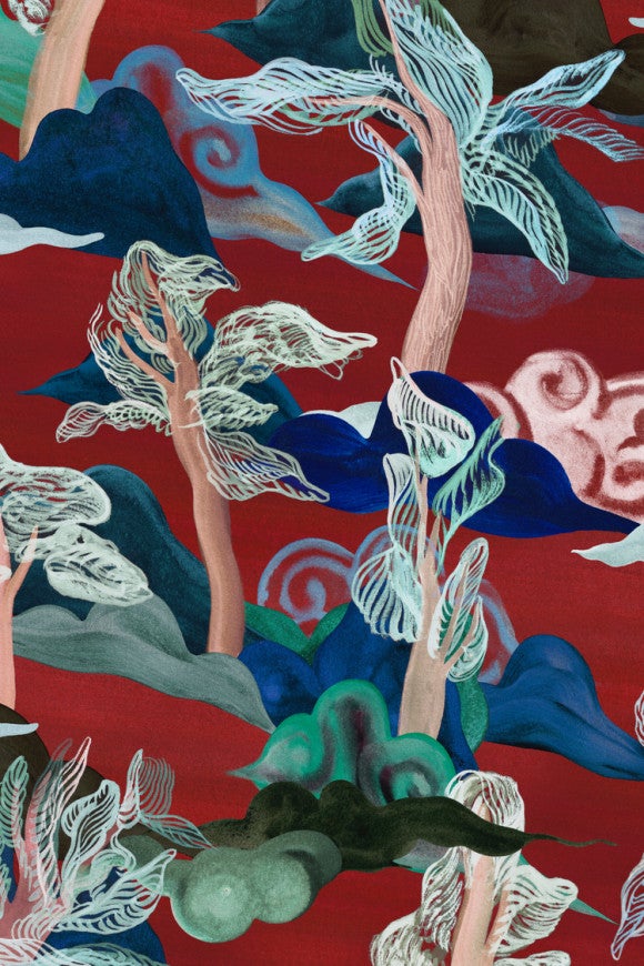 Textielbehang op vlies -Saranda Vermilion Trees Multicolor 11540 - 120 cm Breed leverbaar per afsnijding