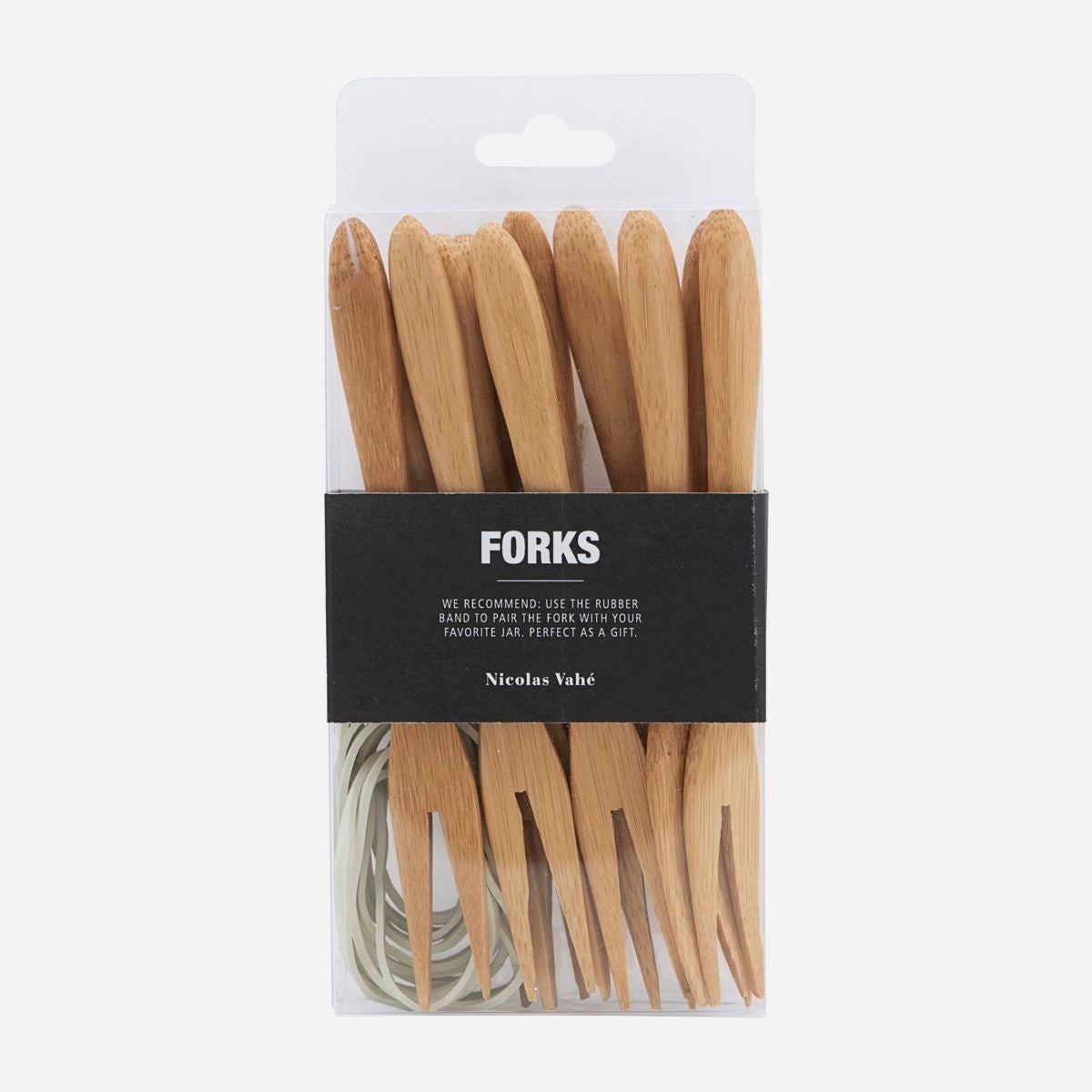 Serveervork bamboe met witte rubberen band - 12 stuks