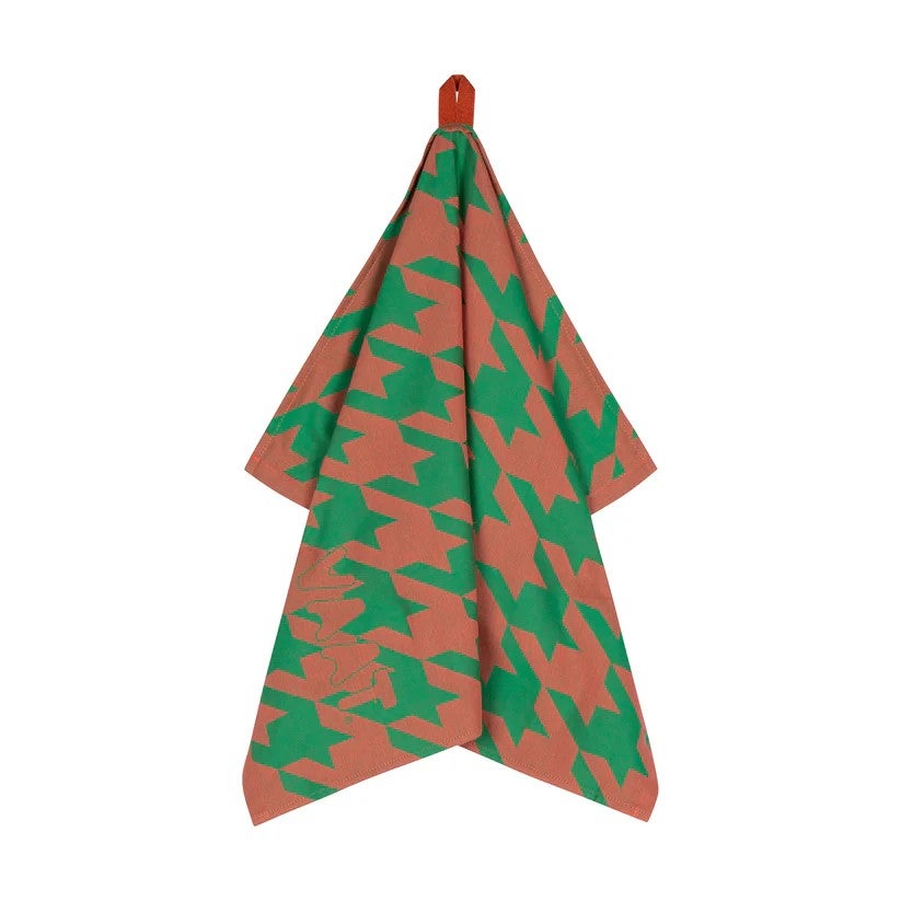 Theedoek en keukenhanddoek - Gift set I love pied de poule - Coral/Green