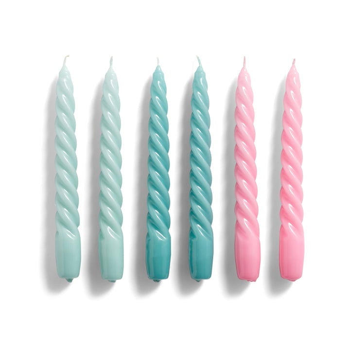 Kaarsen Spiral - 6 stuks - arctisch blauw/groenblauw/roze