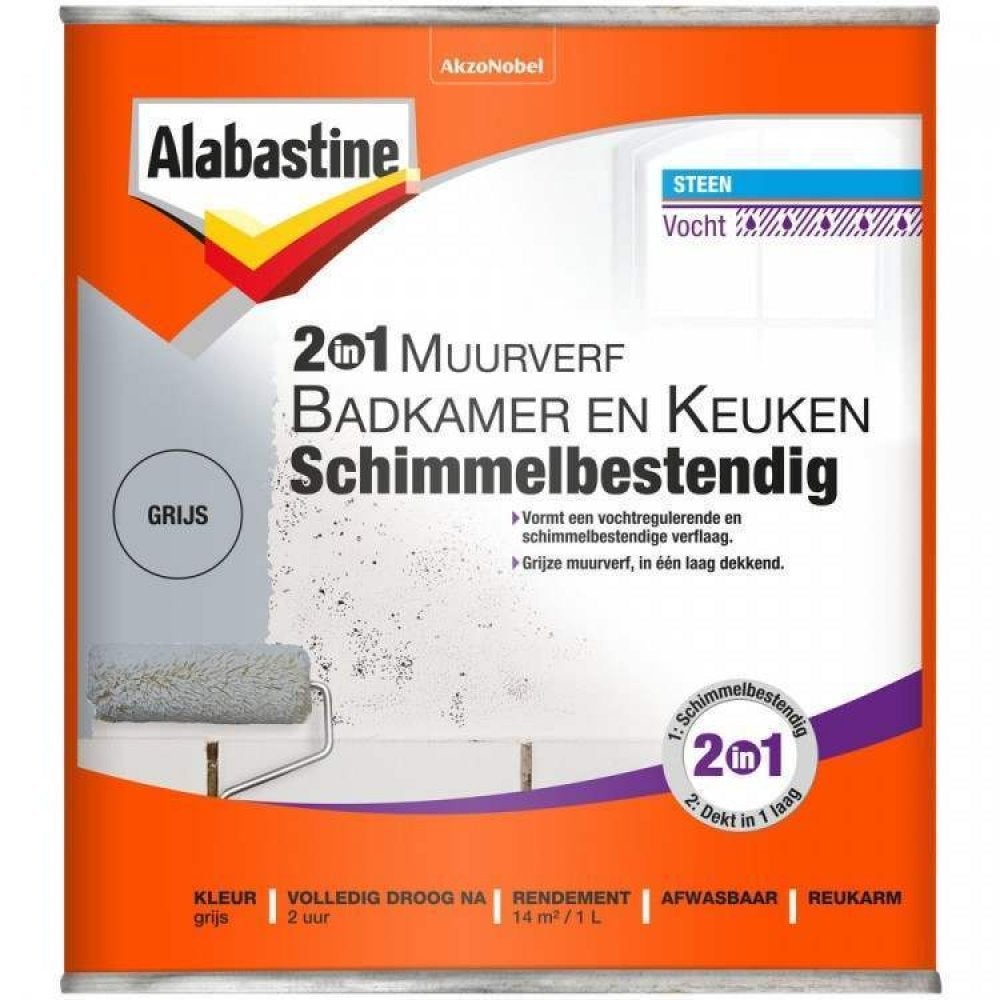 Alabastine bad & keuken 2 in 1 muurverf grijs 1000 ml